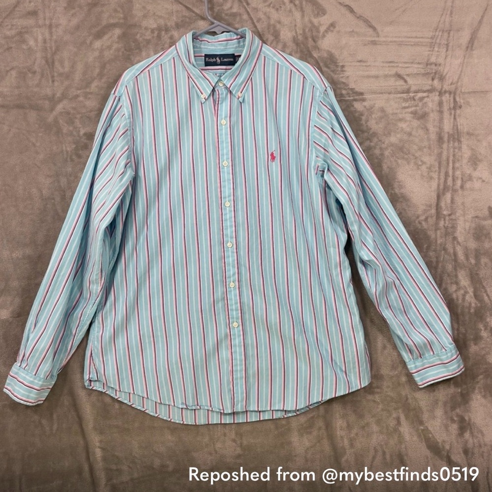 Ralph Lauren Shirts Men's XL 1 stripped teal Button Down Long Sleeve Classic Fit